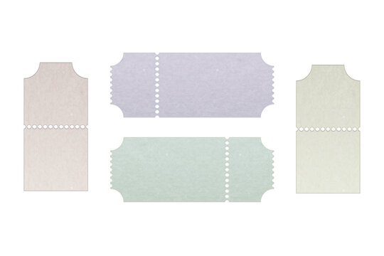 Four blank pastel colored paper tickets with perforated edges and rounded notches for event entry and admission isolated on a transparent background