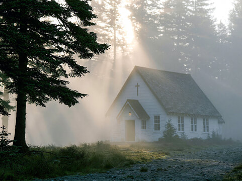 Sunbeams Over a Misty Forest Chapel