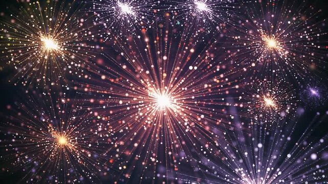 Vibrant festive fireworks bursting into beautiful golden and purple particle sparks 黄金と紫の光の粒子が華やかに広がる打ち上げ花火の背景映像 フルHD