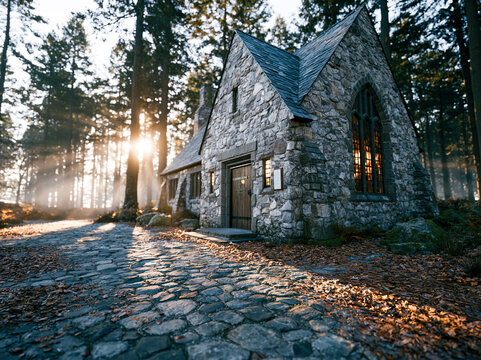 Stone chapel in forest at sunrise