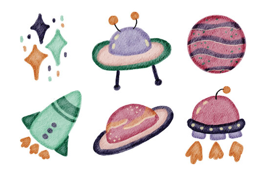 Cute Watercolor Galaxy Clipart Set with UFO, Rocket, Planet and Sparkling Stars