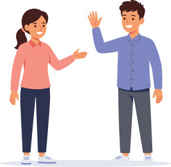 Happy young man waving hand to a smiling woman vector illustration showing friendly people greeting or saying goodbye on white background, 21 words. © Rumi