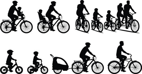 Obraz premium Set of family cycling silhouettes featuring parents and children riding bicycles isolated on white background