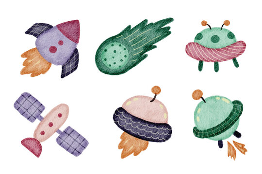 Cute Watercolor Space Clipart Set with Rocket, UFO, Satellite, Comet and Alien Spaceship