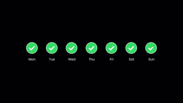 Weekly habit tracker. Seven green circular checkmark icons for each day of the week. Great for scheduling, productivity, organization, and time management concepts.