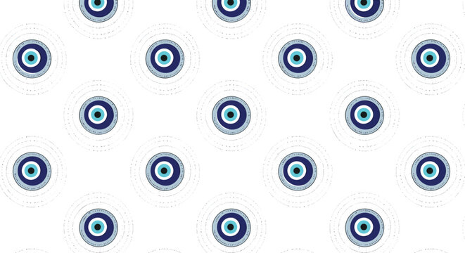 Seamless pattern of the traditional Greek evil eye protection amulet with blue and white concentric circles on white background.