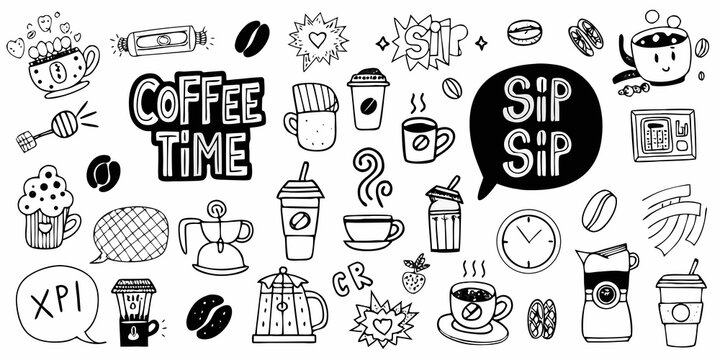 coffee themed doodles in playful black and white line art cup bean cafe espresso latte sketch artwork hand drawn pattern design