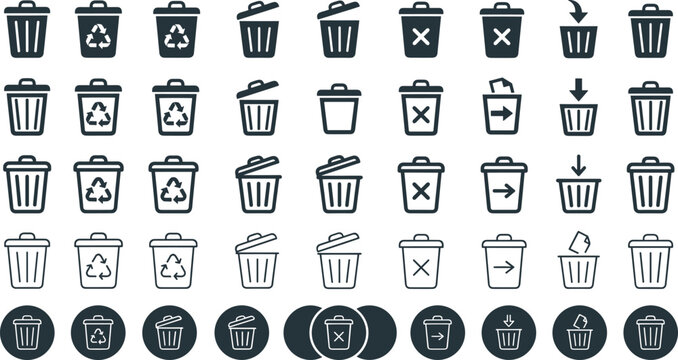 Trash can delete and recycle bin vector icon set collection isolated on white background