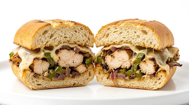 Fresh chicken sandwich with grilled meat bell peppers and onions served on toasted crusty bread roll. Chicken philly