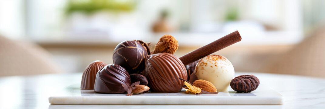Exquisite chocolate arrangement on marble slab with nuts