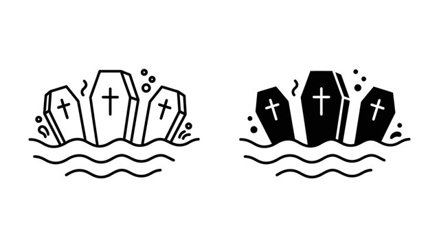 Coffin Illustration: A graphic illustration depicting three coffins emerging from wavy lines, symbolizing submersion or sinking, with small circles representing bubbles.