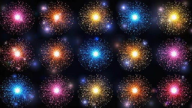 Grid of colorful spherical fireworks particles looping background 整列したカラフルな丸い花火の粒子が輝く背景素材 フルHD