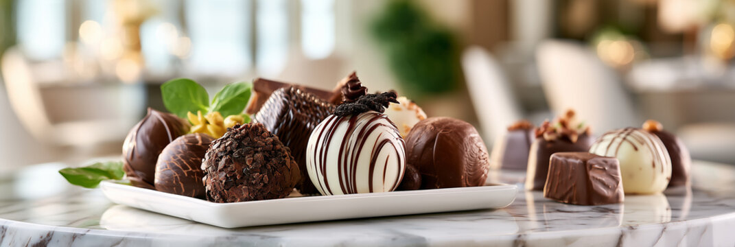 Exquisite chocolate arrangement on marble tabletop indoors