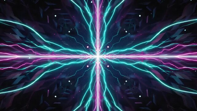 Symmetric neon lightning electrical shock waves background 左右対称のネオンカラーの稲妻と電気ショックウェーブ背景素材 フルHD