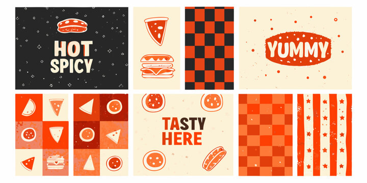 retro fast food pattern grid featuring pizza burgers vector burger illustration checkered stripes orange black white design menu restaurant icon graphic
