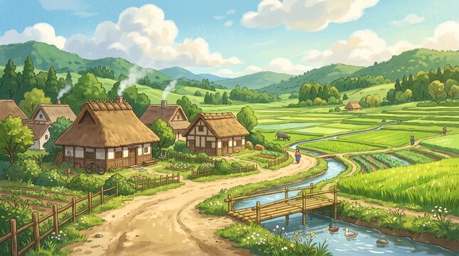 Peaceful rural village with thatched roof houses and green rice fields.