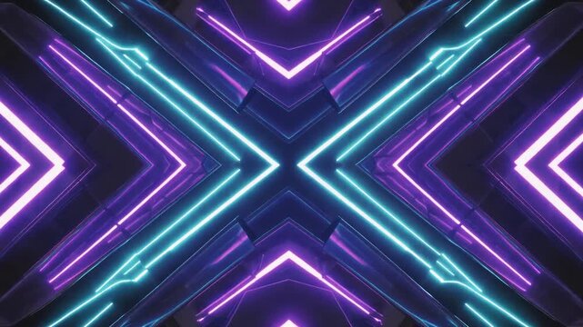 Futuristic neon light lines forming a symmetrical cyber tunnel background サイバー空間にネオンの光線が広がる近未来的なシンメトリー背景 フルHD