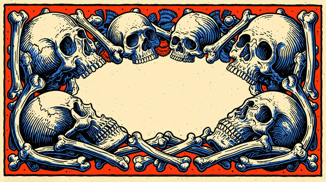 Halloween border with skull and bone frame. Decorative frame featuring human skulls and bones surrounding empty copy space