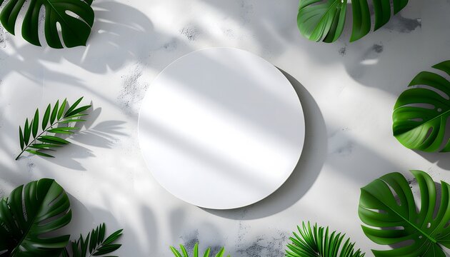Top view of a blank white circular podium mockup on a marble texture background surrounded by green monstera leaves and tropical plant shadows in bright studio daylight.