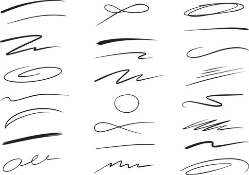 clean collection of black ink brush strokes, abstract curves, circles, dots, arrows, geometric shapes, scribbles, swirls, and decorative hand drawn vector elements created in adobe illustrator. ideal 