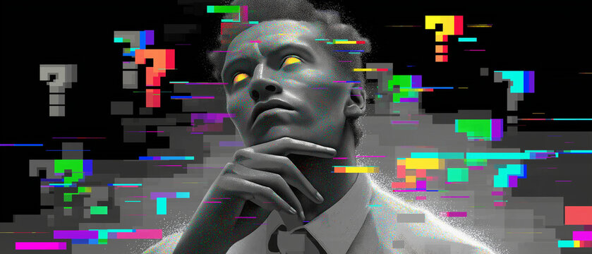 Digital Dilemma: A contemplative figure with luminous eyes ponders amidst a glitching digital landscape filled with question marks.