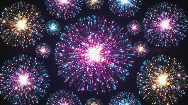 Spectacular colorful fireworks exploding in dark sky background 夜空を埋め尽くす色鮮やかな打ち上げ花火のループ背景素材 フルHD