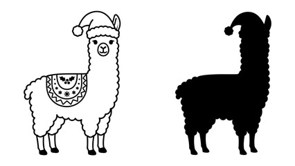 Christmas Llama Illustration: A charming black and white illustration of a llama adorned with a Santa hat and festive saddle, presented alongside its silhouette, perfect for holiday designs. © Hasina
