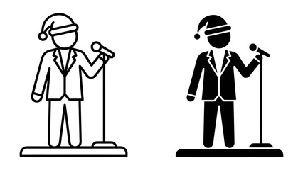 Festive Performer Icon: A stylized figure in a suit and Santa hat stands at a microphone, ready to deliver a holiday performance. Available in both outline and solid black versions for versatile use. © Hasina