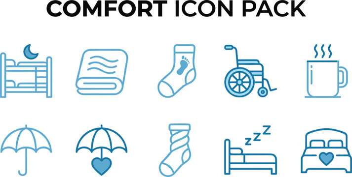 Comfort icon pack featuring bed sleeping blanket socks wheelchair hot mug and umbrella symbols line art vector