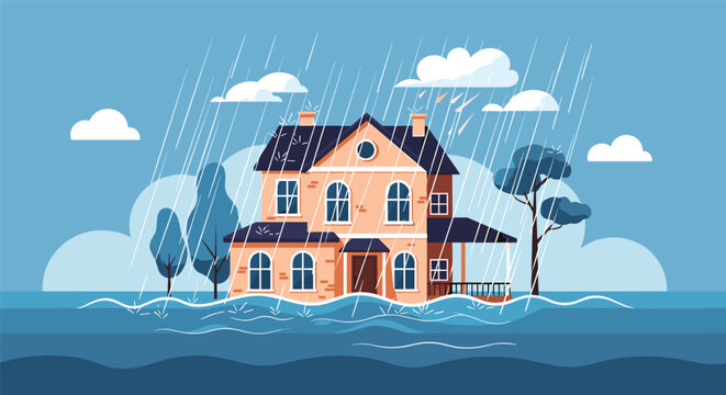 Flood natural disaster concept with house submersed in water during heavy rain and hail vector flat illustration.