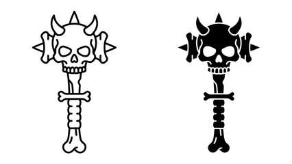 Skull Mace Icon Set: A striking set of icons featuring a skull mace, complete with horns and bone details, presented in both outline and solid black styles. Symbolizing power, darkness. © Hasna