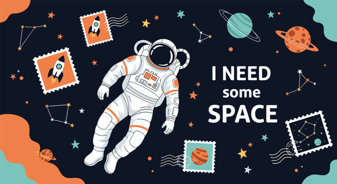 Cute cartoon astronaut floating in outer space with planets stars and stamps vector poster design illustration.