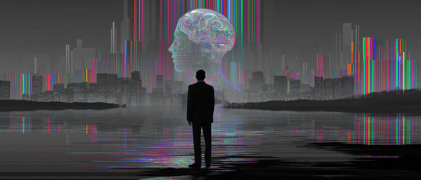 Future Mindscape: A solitary figure stands before a digitized cityscape, an ethereal projection of a human brain hovering above.