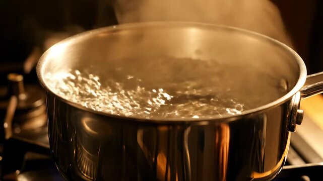 Boiling Water in Stainless Steel Pot on Stove with Steam, ideal for cooking tutorials and kitchen concepts.