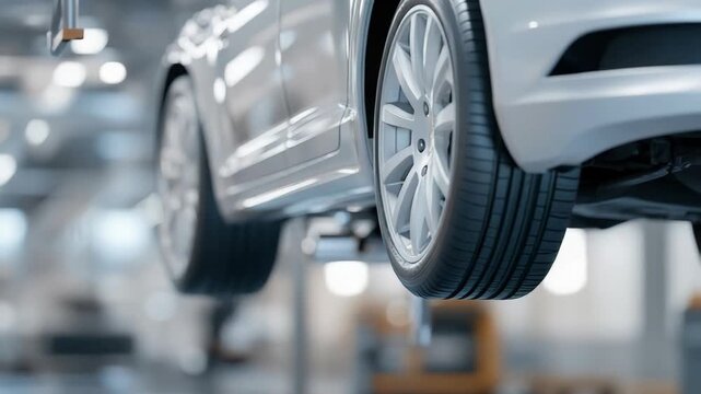 A car is elevated to allow mechanics to work on the wheels and suspension. Tools are visible around as work is done to ensure the vehicle is in good shape
