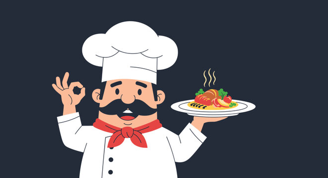 Friendly cartoon chef with a mustache holding a plate of delicious hot food and showing ok sign on black background.