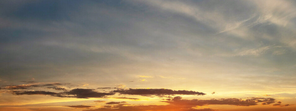 Panoramic sky with thin clouds against sunset background