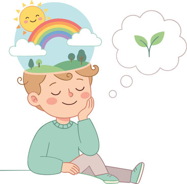 Cute little boy practicing mindfulness and positive thinking vector illustration with rainbow sun and green plant thought bubble on white background, 21 words.