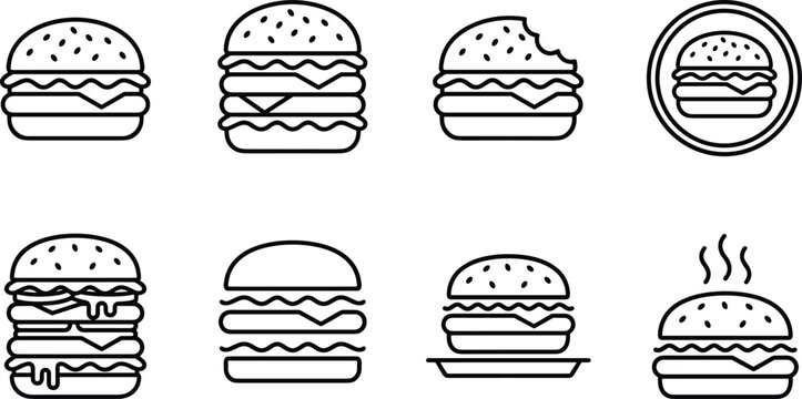 Burger and Fast Food Cheeseburger Line Icon Set for Restaurant Menus and Junk Food Branding Graphics