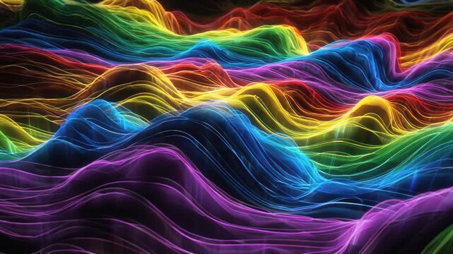 Vibrant neon rainbow wave landscape with glowing topographic line patterns カラフルなネオンカラーの波が重なり合う幻想的なトポグラフィック背景素材 フルHD