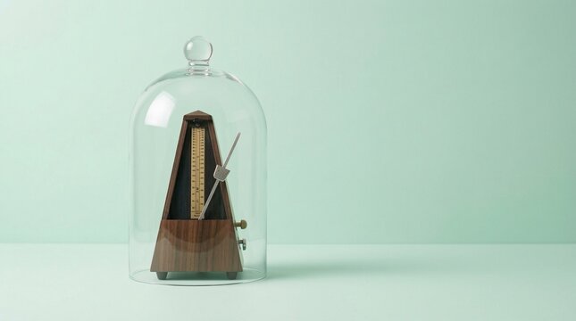 Vintage wooden metronome protected under a glass bell jar representing time management, momentum, and business growth preservation