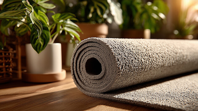 Woman unrolling yoga mat at home