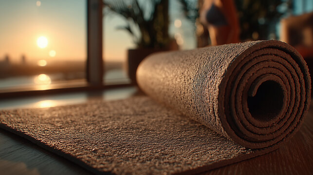 Woman unrolling yoga mat at home