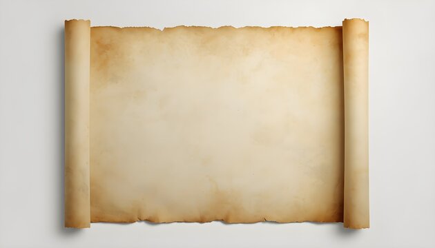Blank vintage parchment scroll with curled edges and aged paper texture on white background