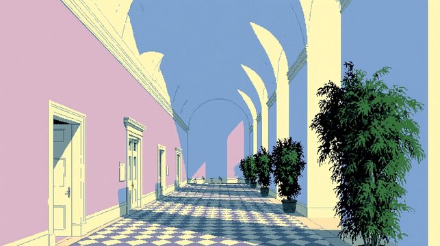 the 'arcade' in pixellated form; a play on the word meaning video game location but also ancient outdoor perimeter hallway
