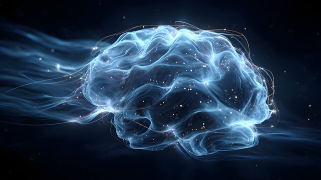 Glowing blue brain with energy waves