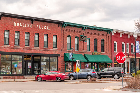 Bristol, VT, US-March 30, 2026;: Street scene in historic downtown of this small town with its quaint streets with 19th century brick buildings and trendy shops and restaurants.