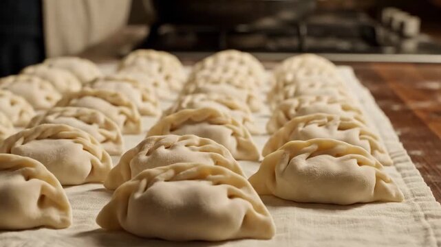 Traditional Dumpling Preparation: Close-up of hands arranging raw dough dumplings on a white linen cloth, ideal for culinary blogs.
