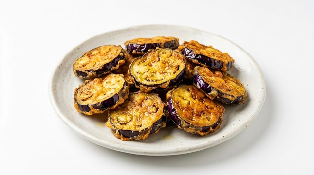 Crispy fried eggplant slices on a white plate, golden brown tempura aubergine appetizers, traditional mediterranean vegetable fritters on white background