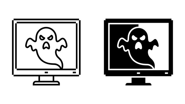 Digital Haunting: A spooky ghost graphic appears on two computer monitor screens, one with a line art illustration and the other with a black and white silhouette.